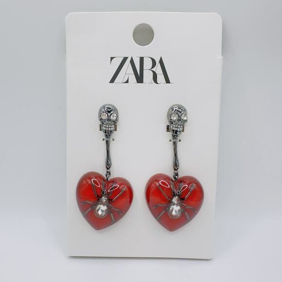 ZARA Halloween Earrings Red Lucite Gothic Heart Spider Crystal Drop Dangle NEW - Picture 7 of 8